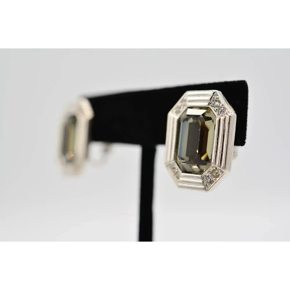 Vintage Crystal Clip On Earrings Chunky Baguette Gray Rhinestone Silver 1980s 9L